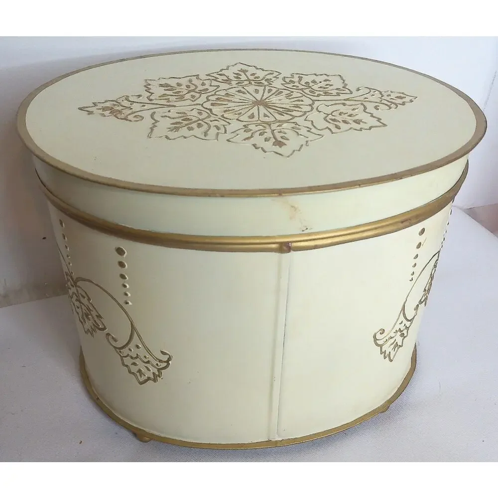 Vtg Ornate Embossed Metal Round Box Gold Cream Floral Footed Hollywood Regency